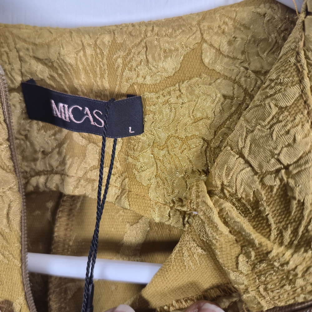 Micas Gold Jacquard Fit Flare Mock Neck Sleeveless Mini Ruched Dress Luxe NEW - Picture 4 of 6